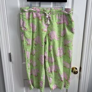 Nick & Nora Lime PJ Capri Pants with Pink Rollerskating Elephant Design Size XL